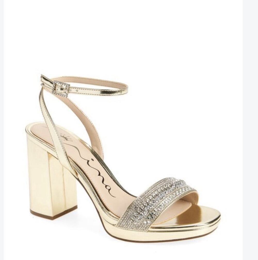 NWOB Nina Gold Rhinestone Ankle Strap Platform Heels Sandals Size 8.5 SRD